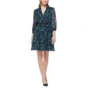 Karl Lagerfeld Chiffon V Neck Printed A-Line Dress Black/blue/green Size 14